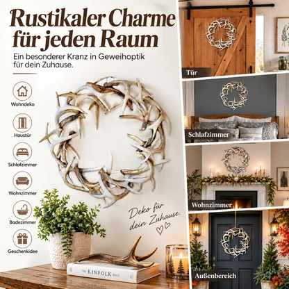 Rustikaler Weihnachtskranz aus Kunstgeweih – weiß gekalkt oder dunkelbraun