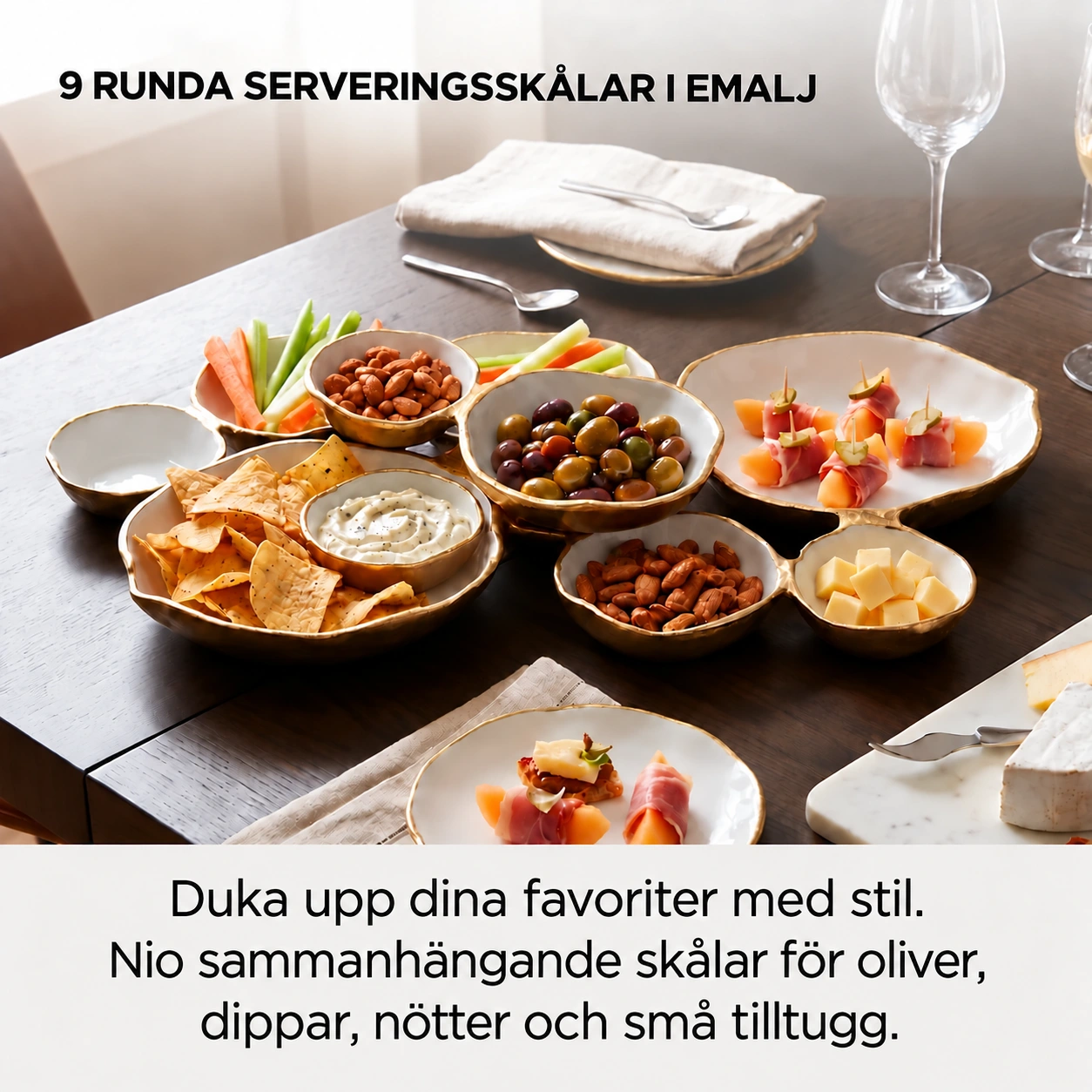 Golden Gathering – serveringsfat med 9 skålar | Vitt &amp; guld