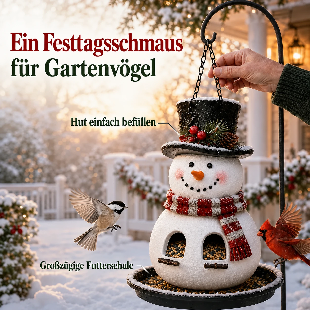 Hängende Vogelfutterstellen mit Weihnachtsfiguren