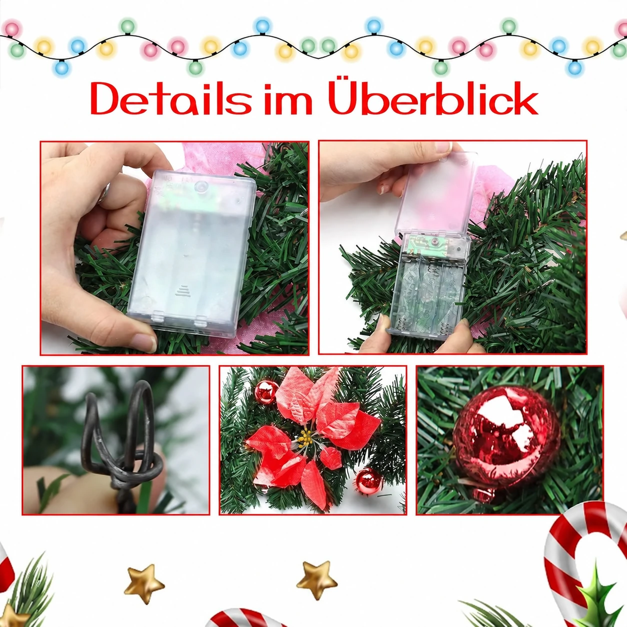 Beleuchtete Weihnachtsgirlande mit roten Weihnachtssternen und warmem Licht