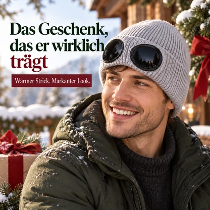 Strickmütze mit Fliegerbrillenmotiv | Verspieltes Wintergeschenk