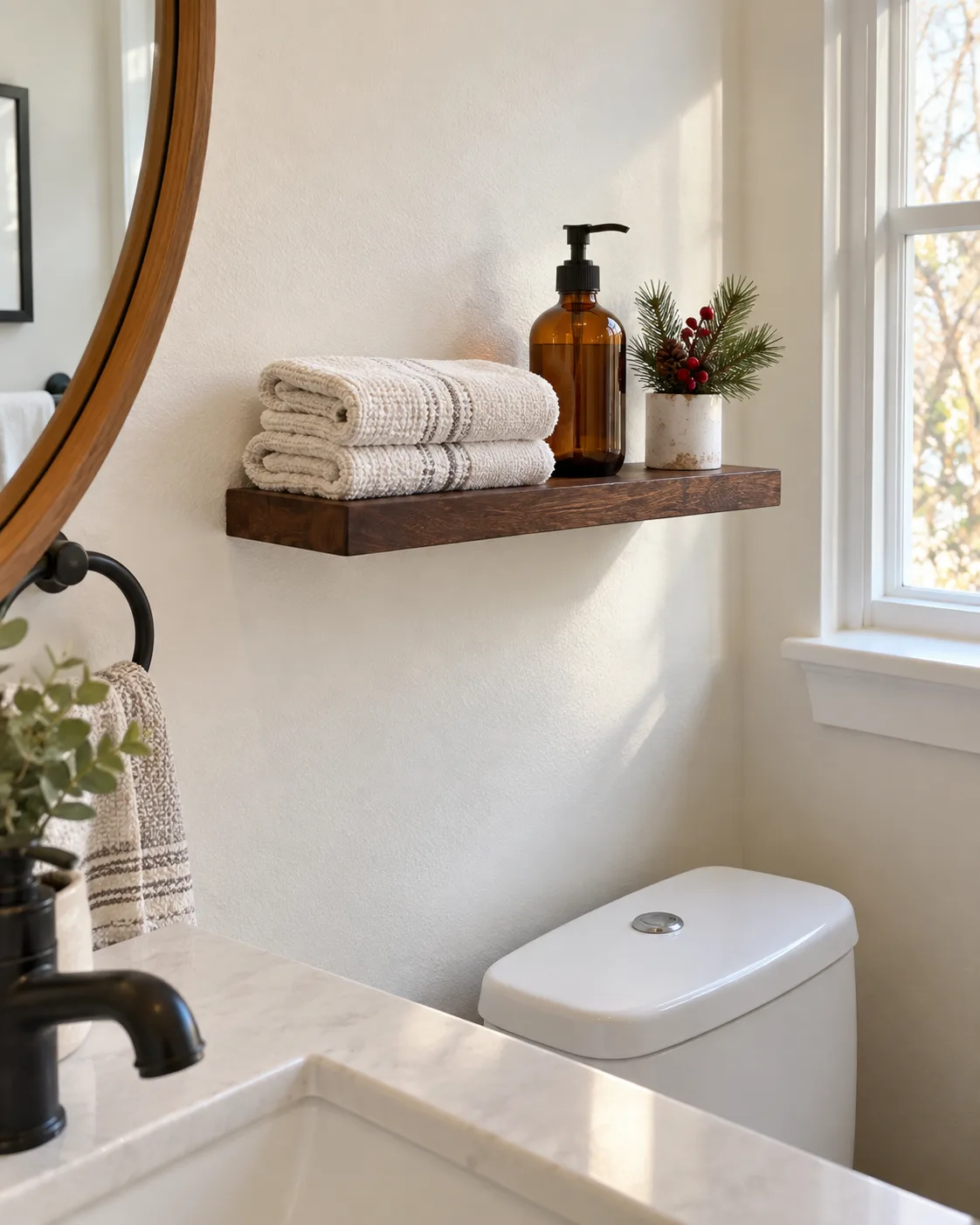 AI-generated customer-style photo of a brown shelf in a bathroom