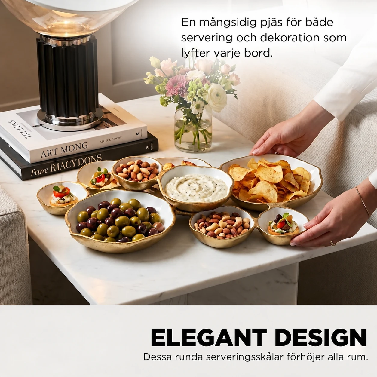 Golden Gathering – serveringsfat med 9 skålar | Vitt &amp; guld