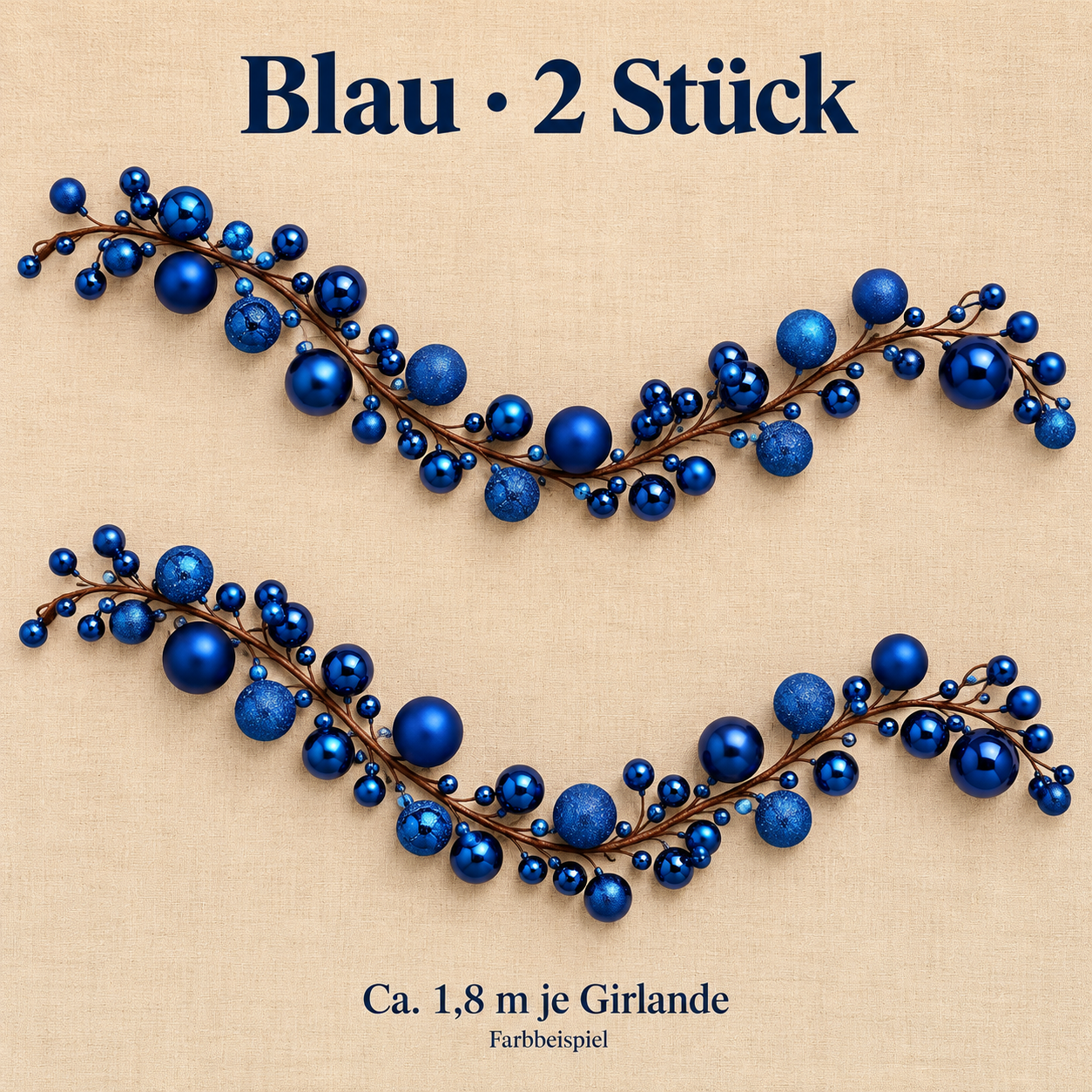 Blau · 2 Stück Kugelgirlande, ca. 1,8 m je Stück