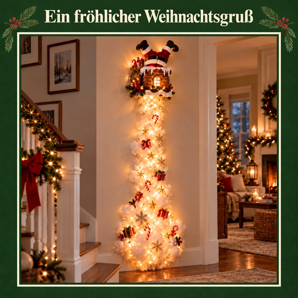 Weihnachtsmann-Kamin-Wanddekoration mit leuchtender Schneekaskade