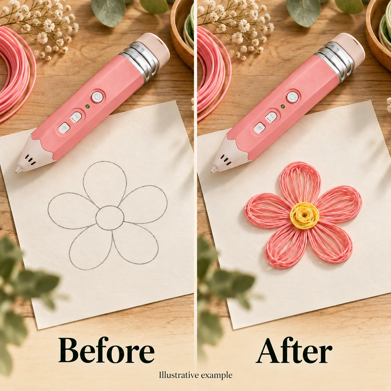Before: a flower outline. After: the flower design made with filament.
