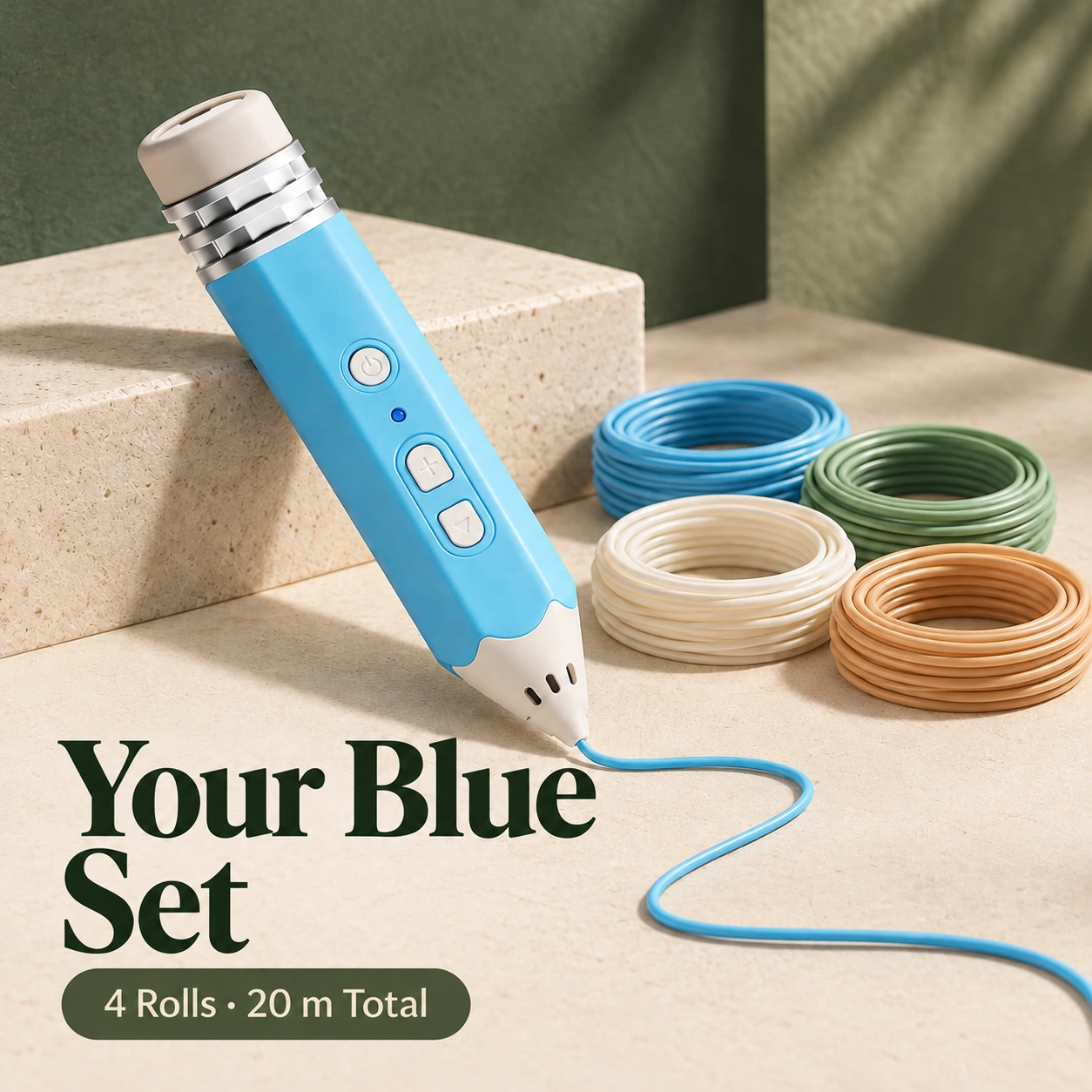 One blue 3D pen with four filament rolls