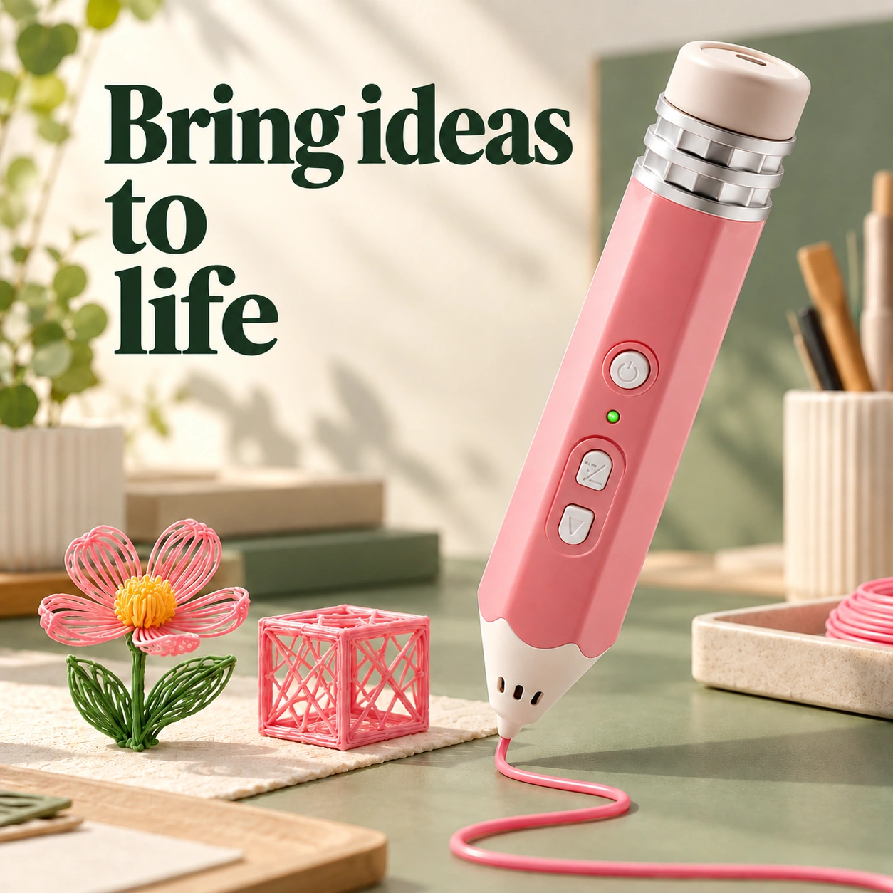 Pink 3D pen with colorful filament creations