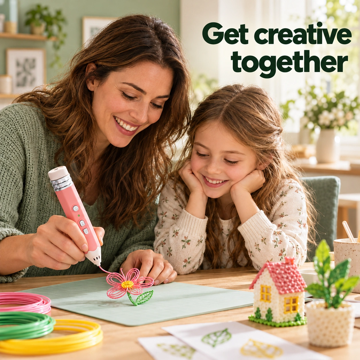 An adult and child creating together with a pink 3D pen