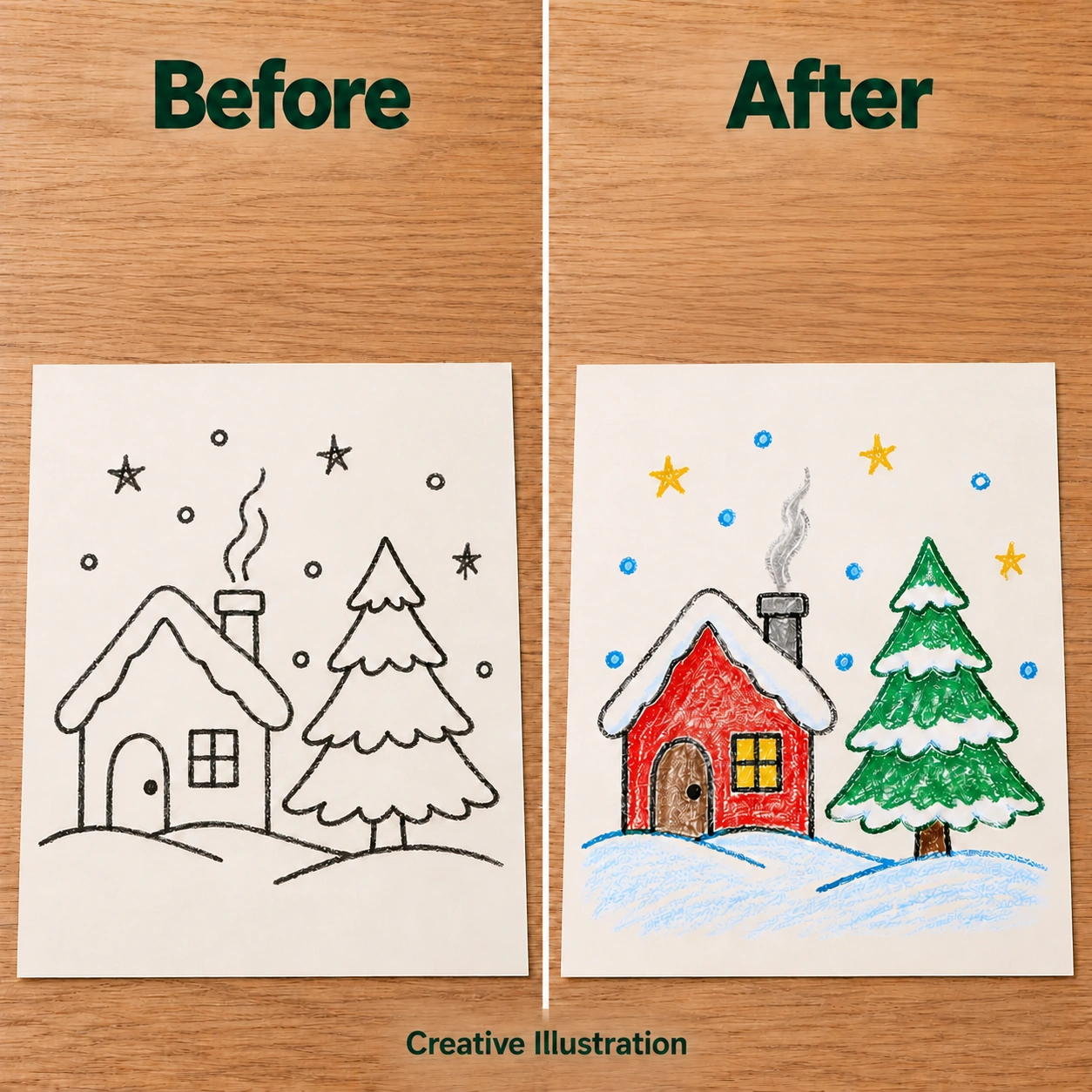 The same house picture before and after coloring, shown as a creative illustration