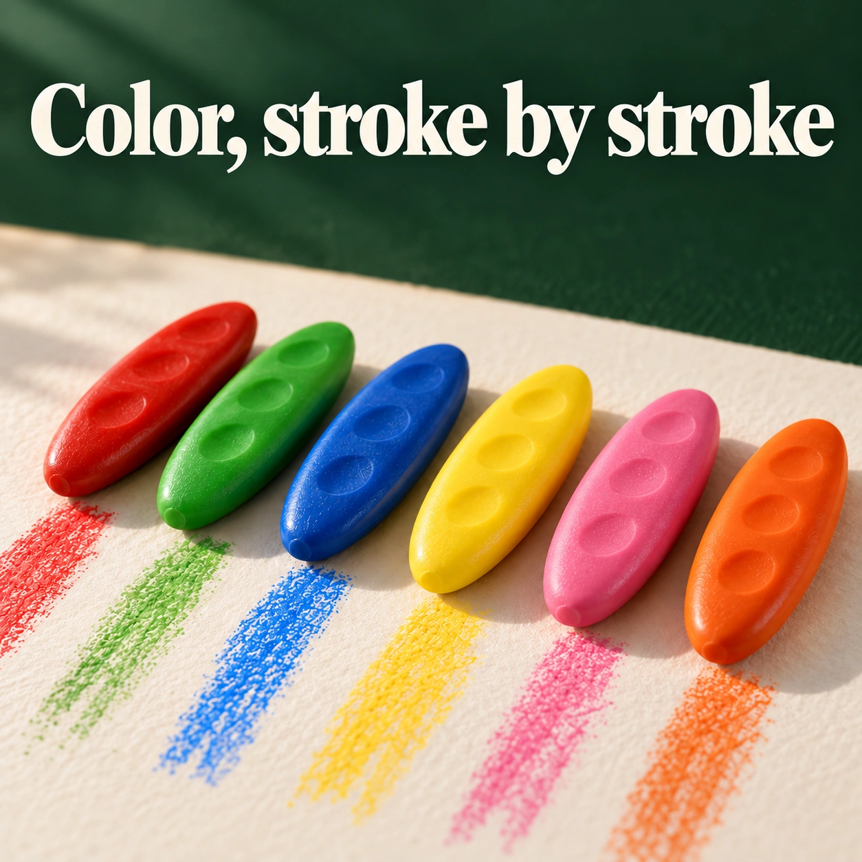 Six colorful peanut-shaped wax crayons with matching color strokes