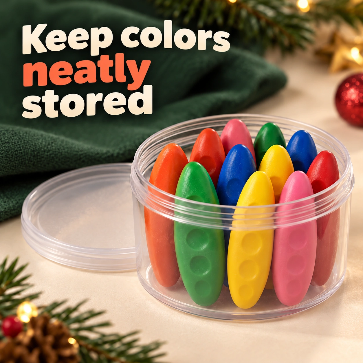Colorful wax crayons in an open clear storage container