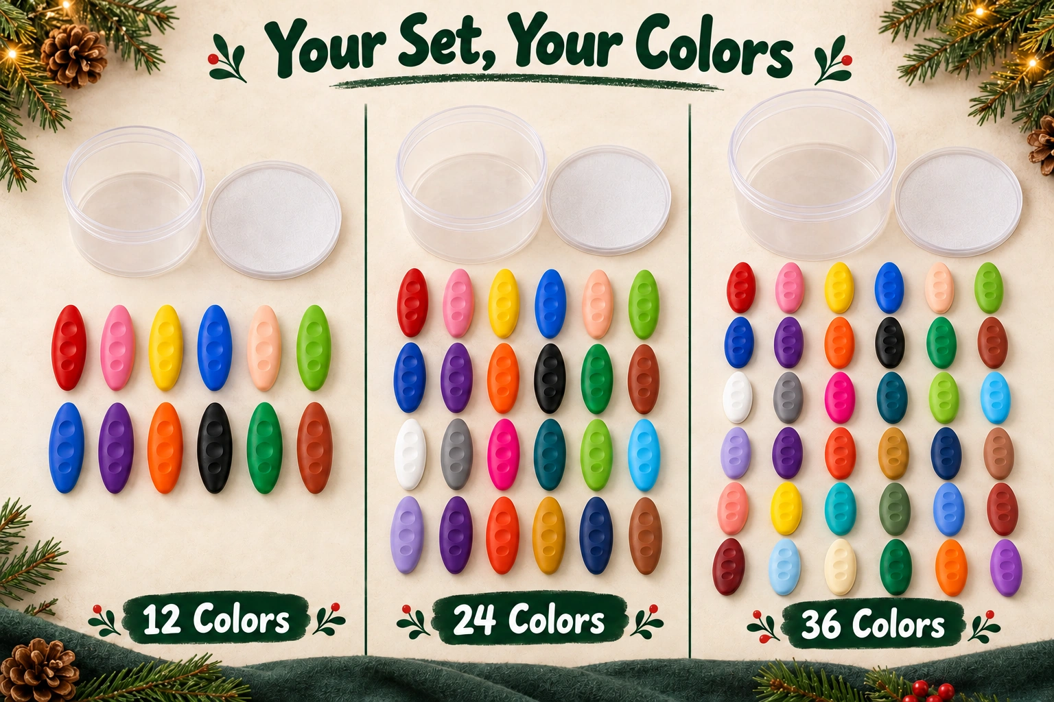 Overview of the three sets with 12, 24 or 36 wax crayons each