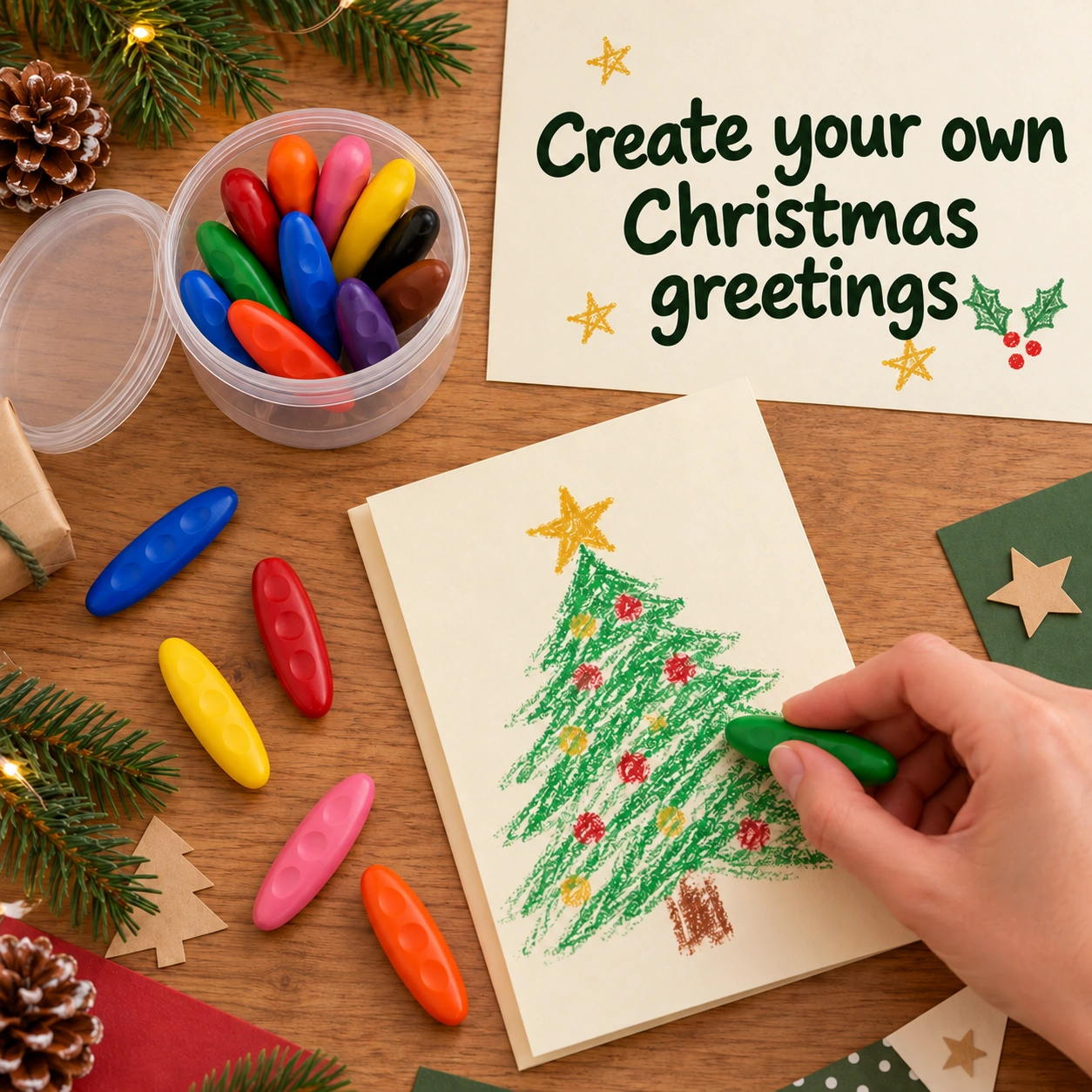 A Christmas card being decorated with a green wax crayon