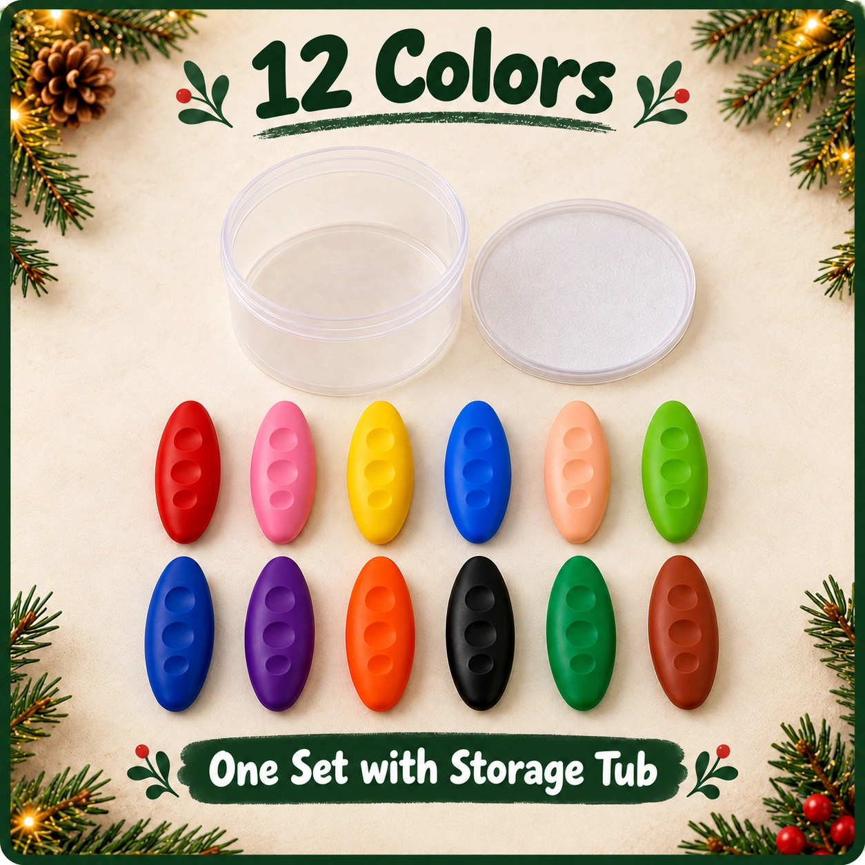 One set of twelve wax crayons and a storage container