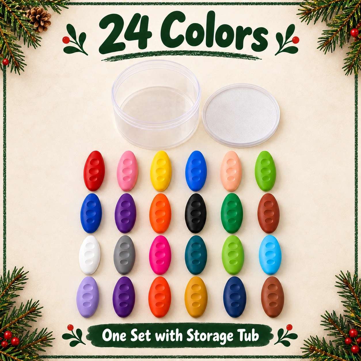 One set of twenty-four wax crayons and a storage container