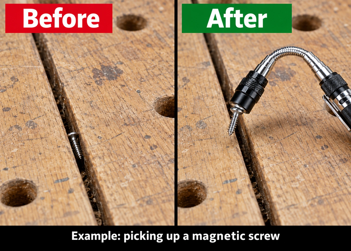 Before and after: a magnetic screw in a narrow gap is lifted out with the magnetic flashlight.