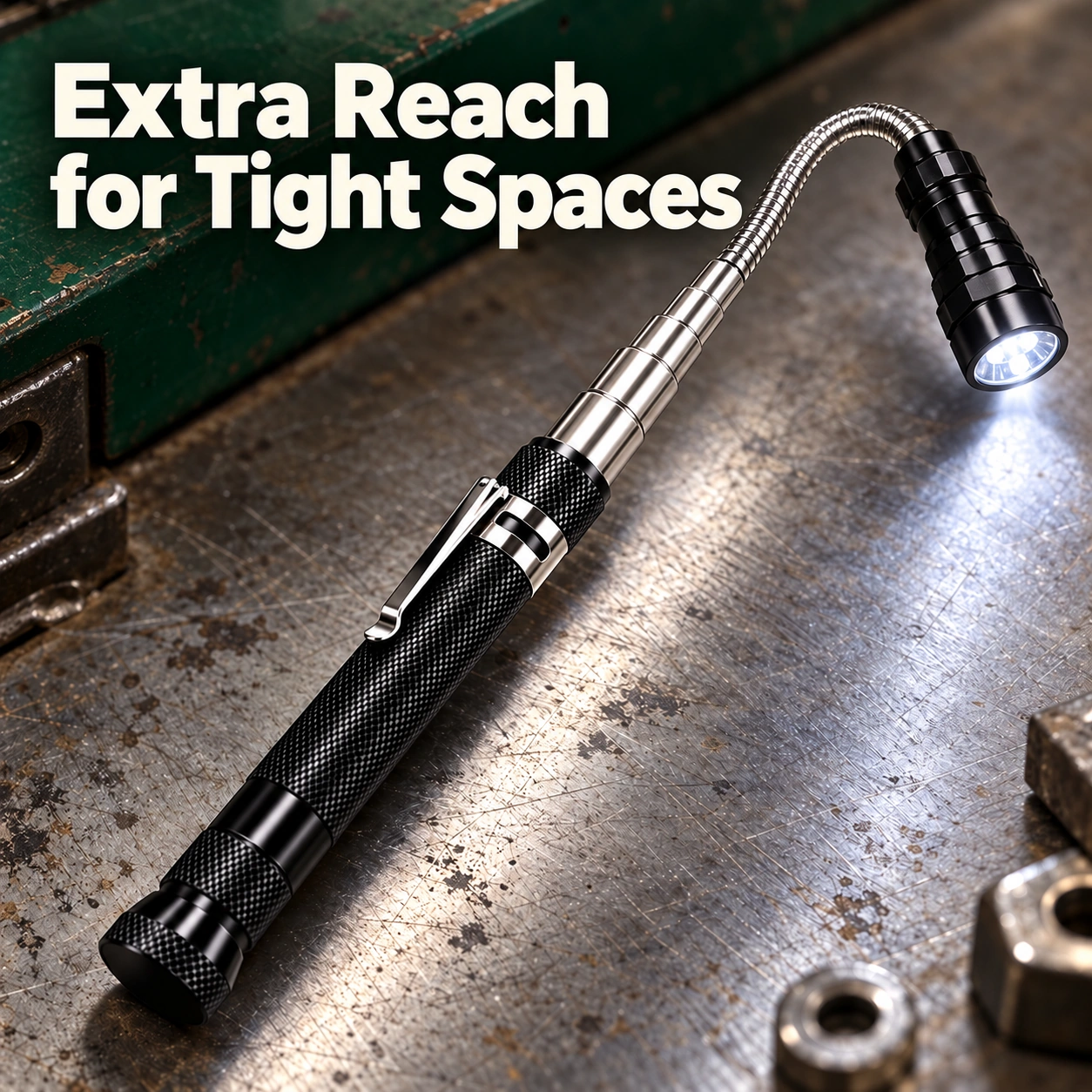 Extra reach for tight spaces – black telescopic magnetic flashlight with a silver shaft