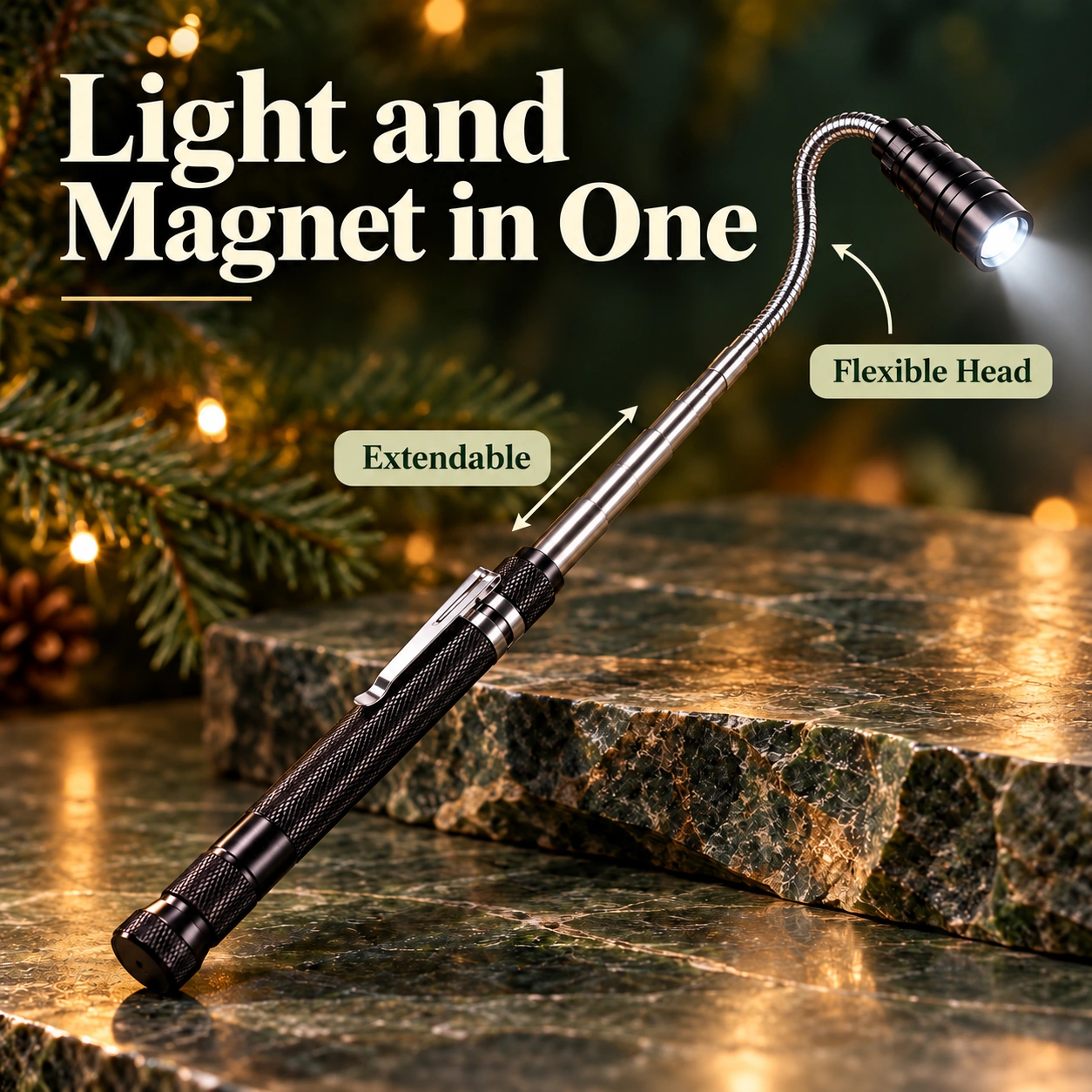 Light and magnet in one – black telescopic magnetic flashlight with a silver shaft
