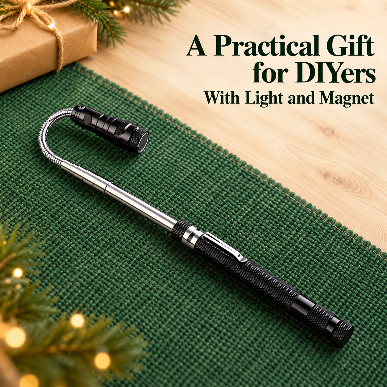 One black telescopic magnetic flashlight; four batteries installed and four spares.