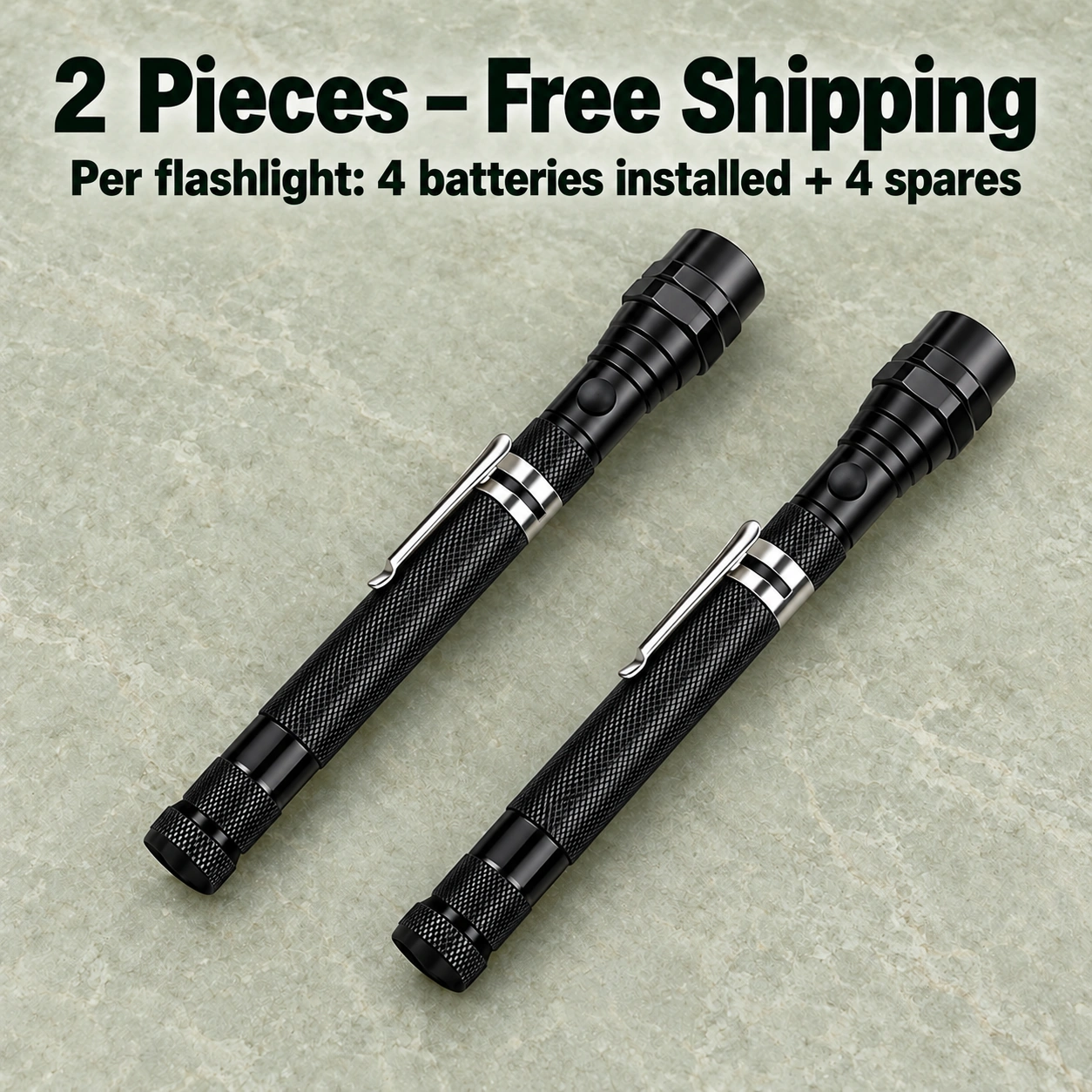 Two black telescopic magnetic flashlights; each with four batteries installed and four spares.