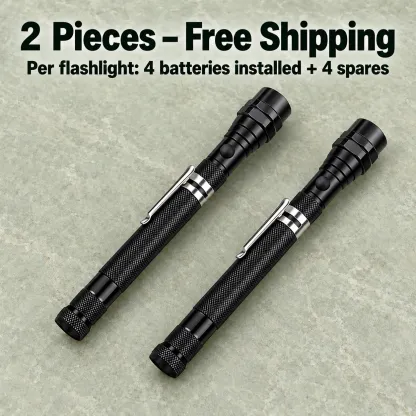 Two black telescopic magnetic flashlights; each with four batteries installed and four spares.