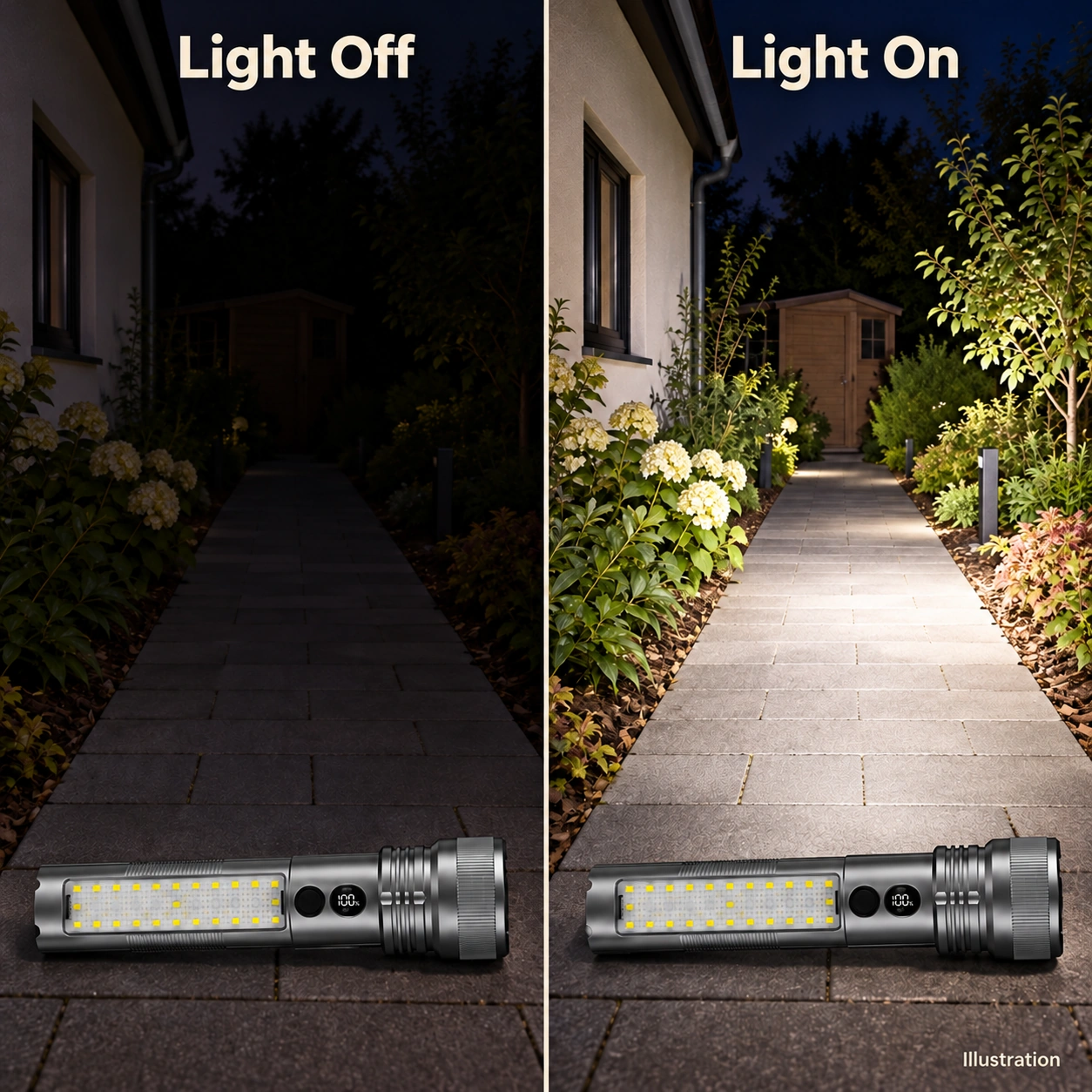 Illustration of the same garden path with the flashlight switched off and on