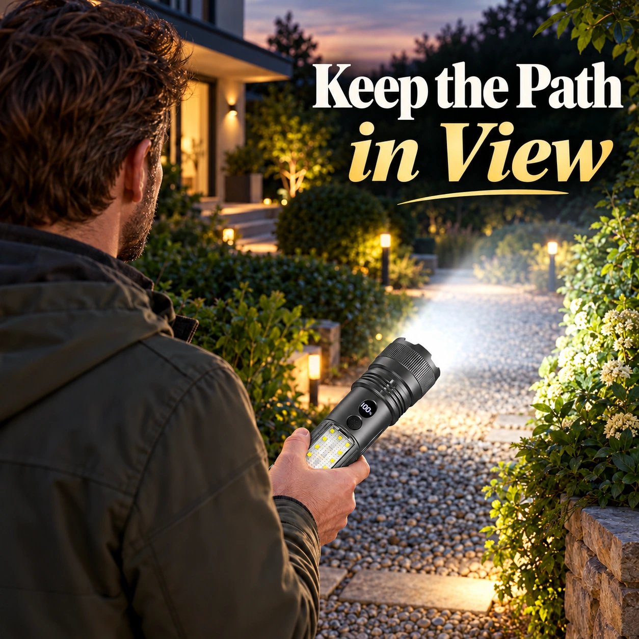 Using a flashlight on an evening walk through the garden