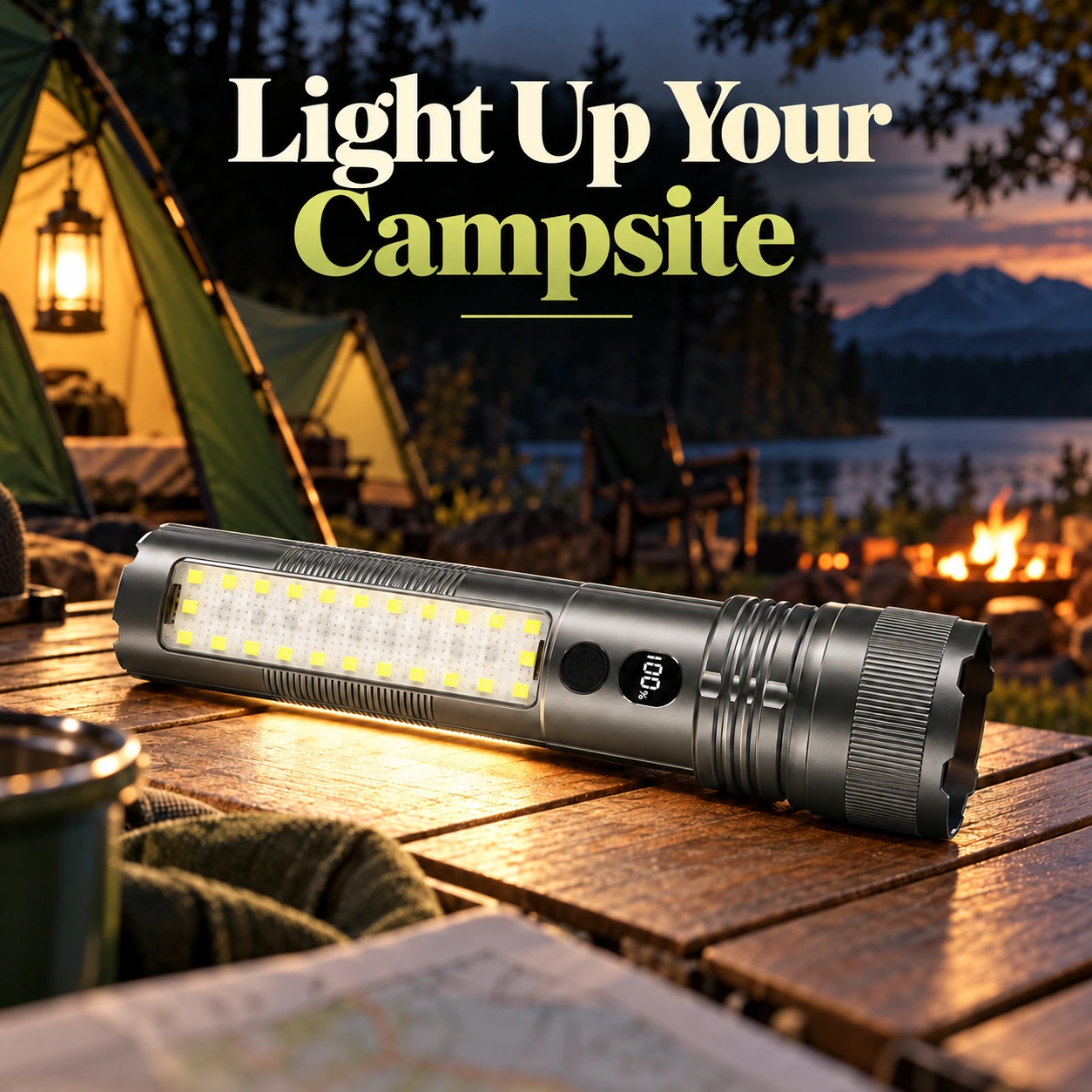 Flashlight on a camping table