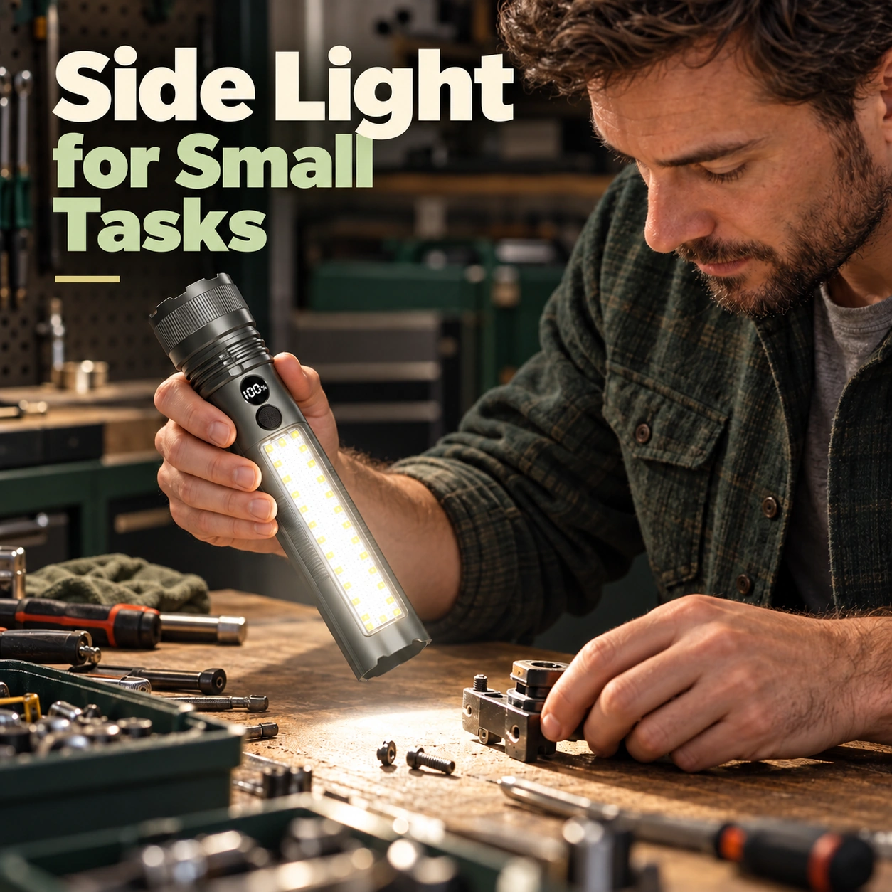 Side light illuminating a workbench in a garage