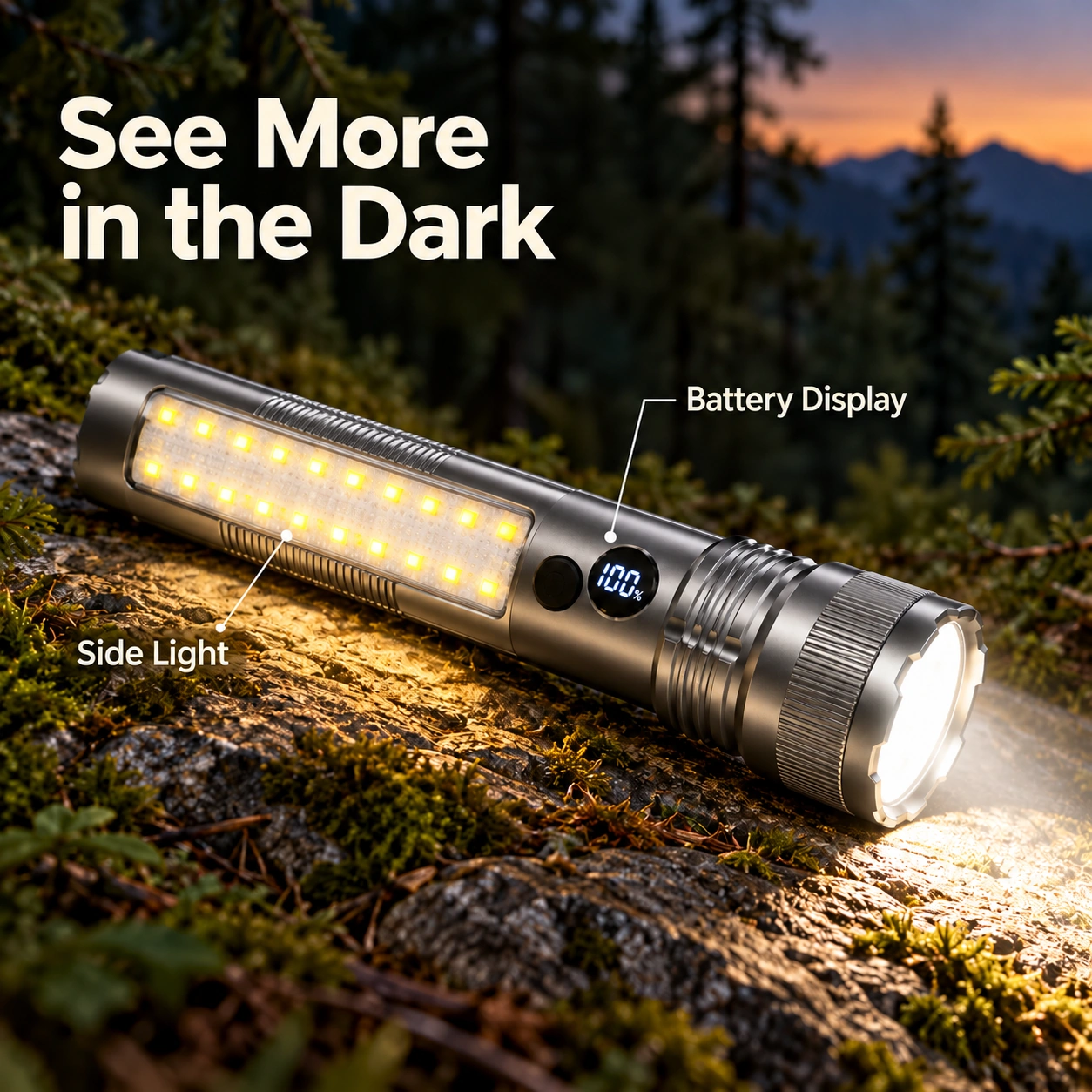 Flashlight with side light on a woodland path