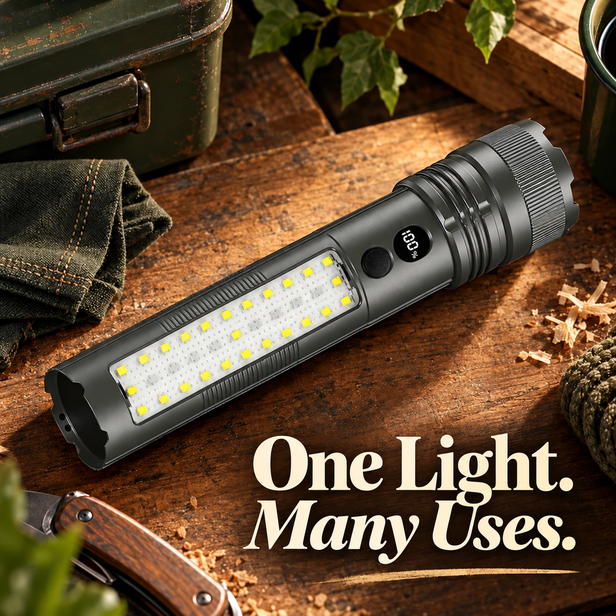 Flashlight with side light on a workbench