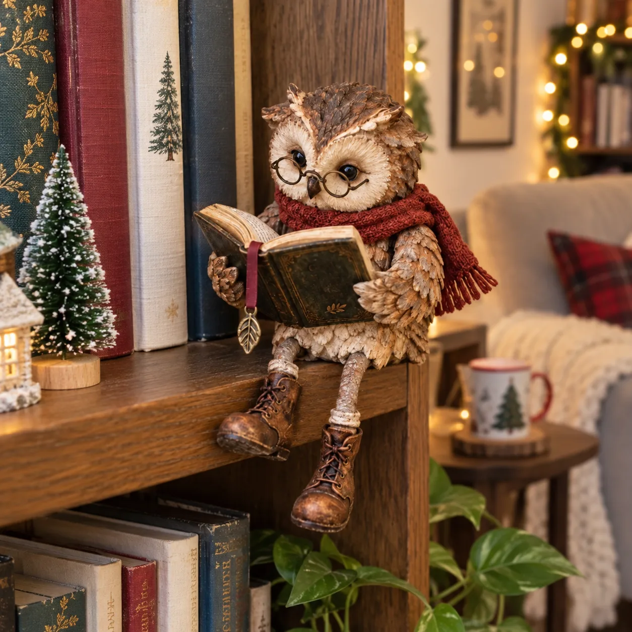 Reading owl styled on a home bookshelf