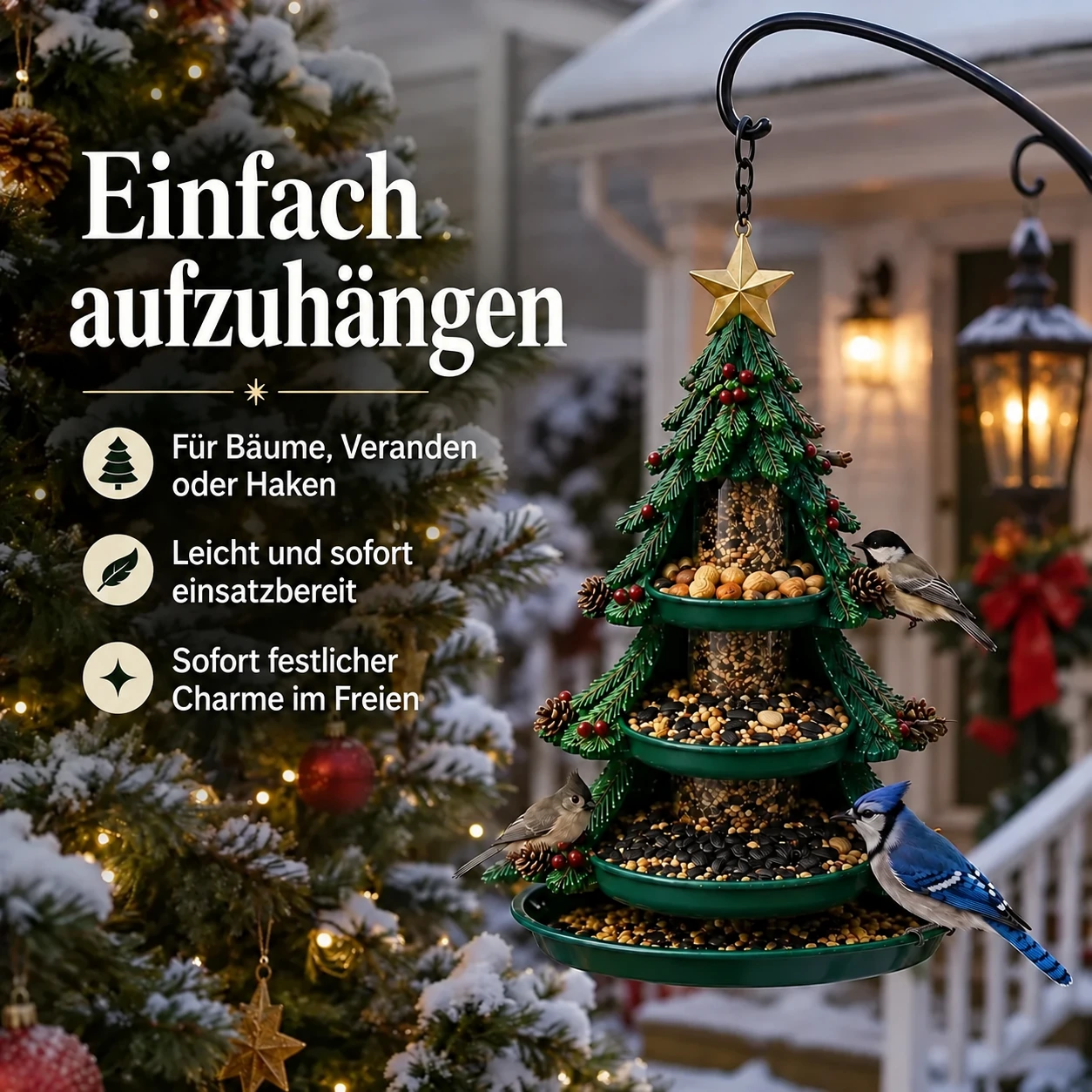 Hängende Vogelfutterstellen mit Weihnachtsfiguren