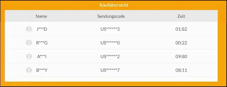 Animierte Kaufliste mit maskierten Namen, Sendungscodes und Zeitangaben.