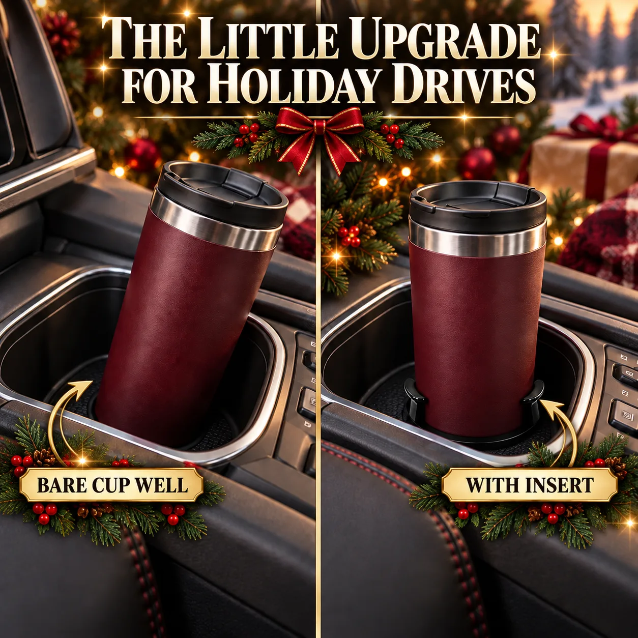 Christmas comparison of a bare car cup well and a tumbler with the black insert