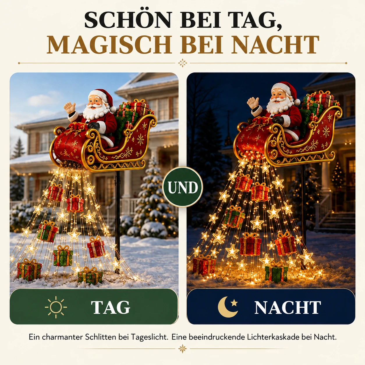 Solar-Gartenlicht mit Weihnachtsmannschlitten und Kaskadenlicht – 17,7 Zoll Weihnachtsdekoration