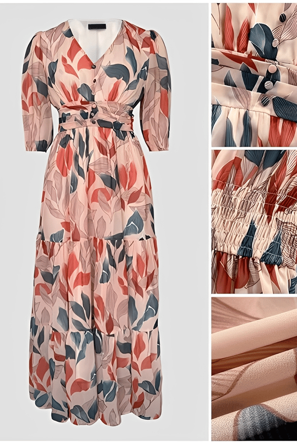 Bohemian Floral Maxi Dress for Women – V-Neck Puff Sleeve Summer Dress