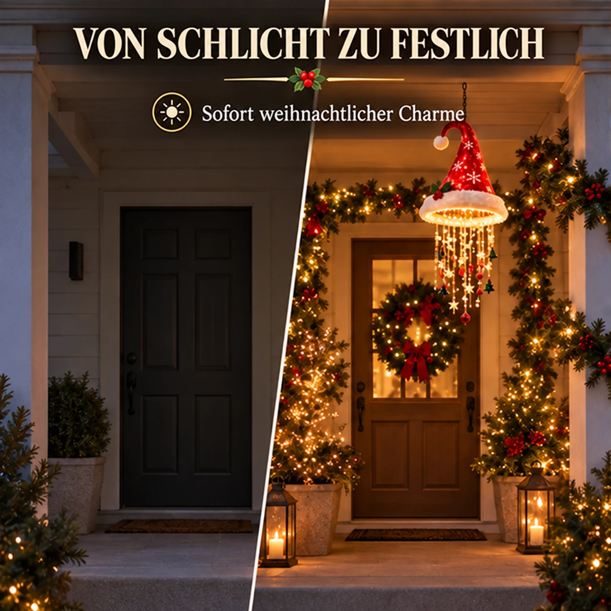 Beleuchteter Weihnachts-Hängeleuchter – Weihnachtsmütze, Baum und Glocken