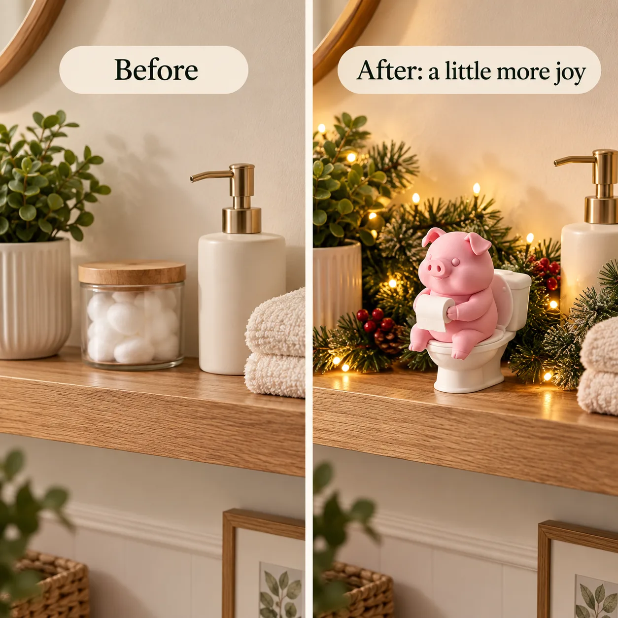 Bathroom shelf styling before and after adding the pig figurine