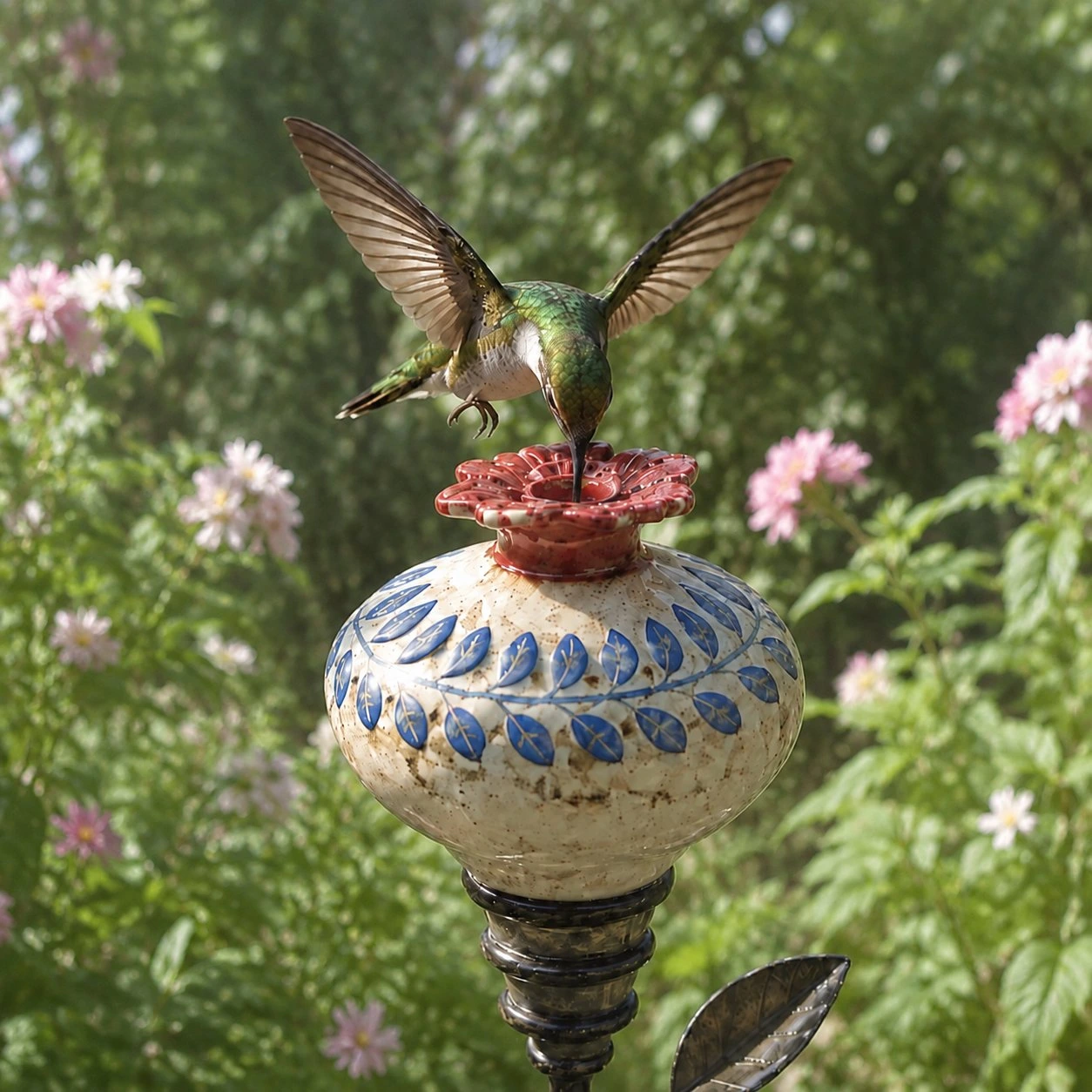 🐦 Hand-Painted Ceramic Hummingbird Feeder Garden Stake 🔥