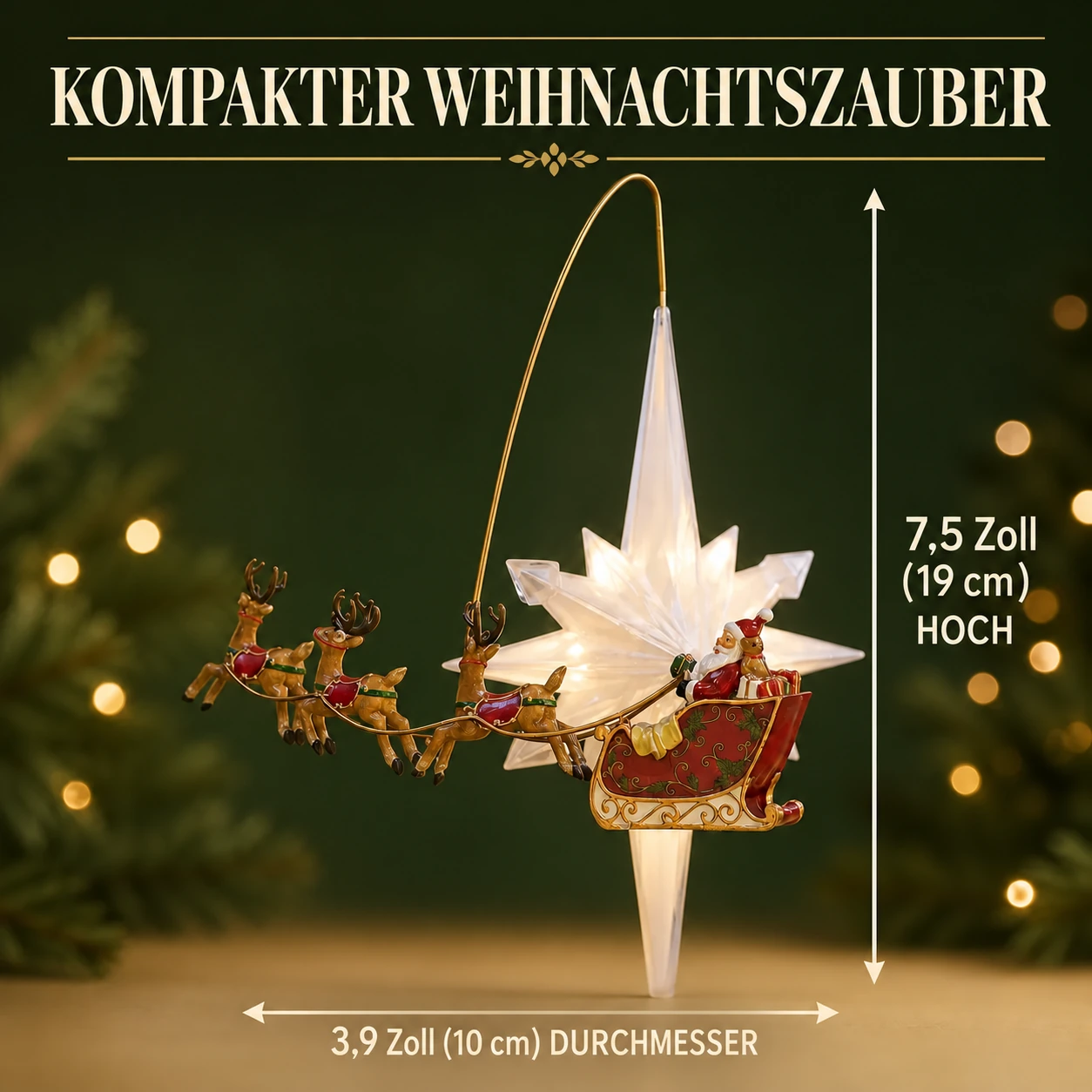 Maße der Weihnachtsmannschlitten-Baumspitze: 3,9 Zoll Durchmesser und 7,5 Zoll Höhe