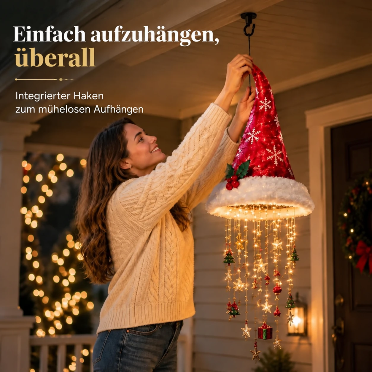 Beleuchteter Weihnachts-Hängeleuchter – Weihnachtsmütze, Baum und Glocken