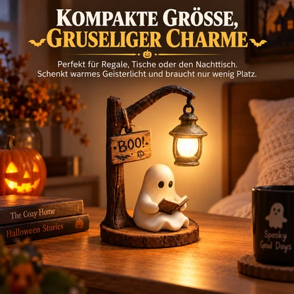 Gemütliche Halloween-Tischdeko mit lesendem Geist und Laterne