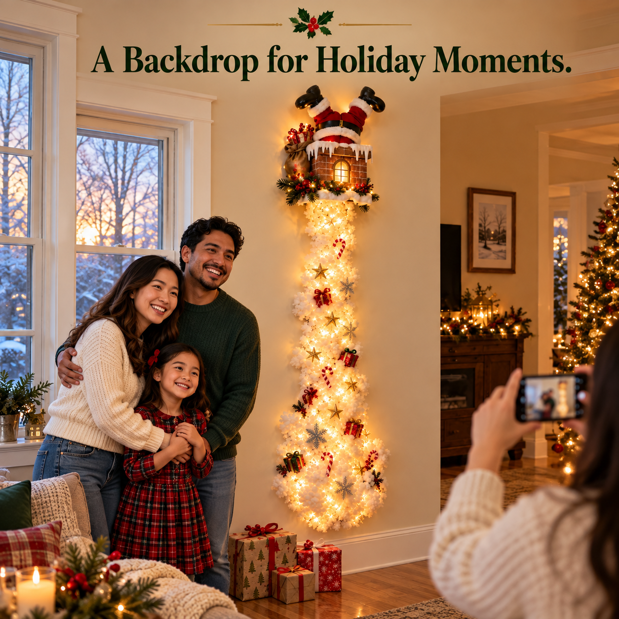 A family beside the complete Santa wall decoration in a holiday photo setting