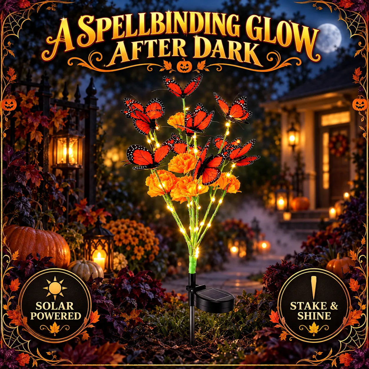 Solcellehavelys med tagetes og sommerfugl lyser i en Halloween-forhave