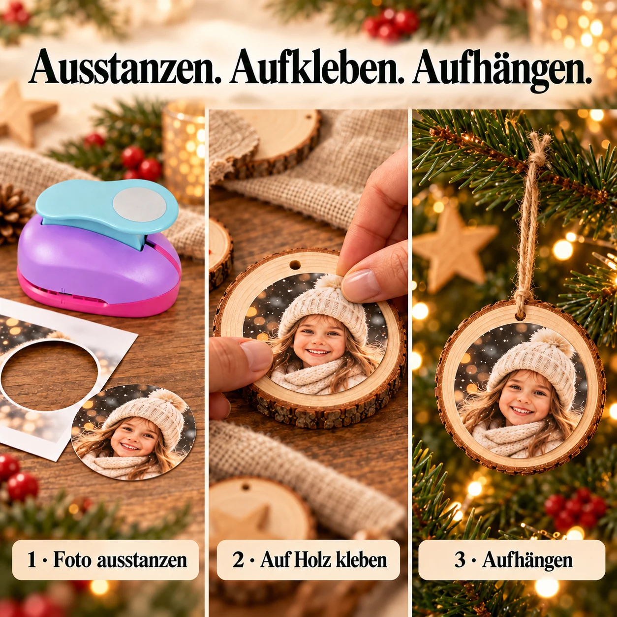 Drei Schritte: Foto ausstanzen, auf eine Holzscheibe kleben und den Fotoanhänger aufhängen