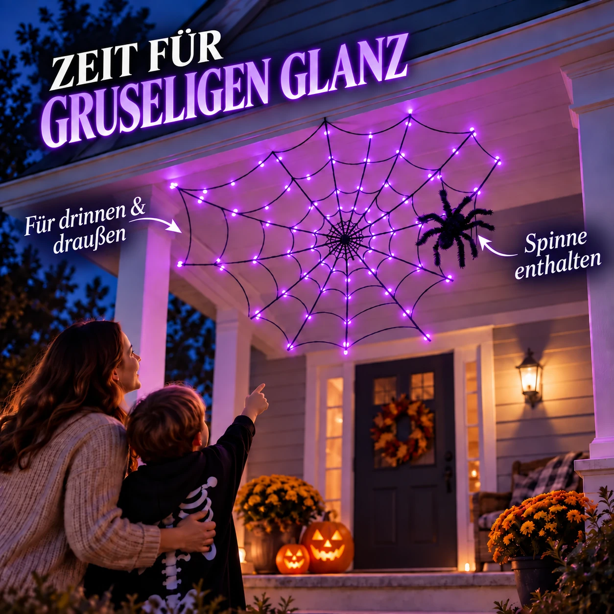 Halloween-Spinnennetzbeleuchtung mit 70 LEDs und Spinne