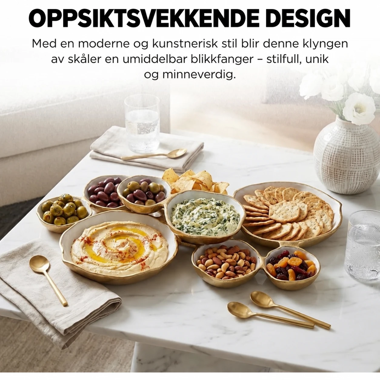 Golden Gathering – serveringsfat med 9 skåler | Hvitt &amp; gull