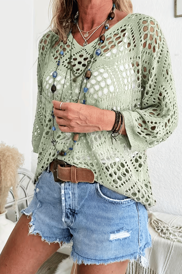 Women’s Crochet Beach Cover-Up Sweater – Lightweight Hollow-Out V-Neck Top（Buy 2 Free Shipping）